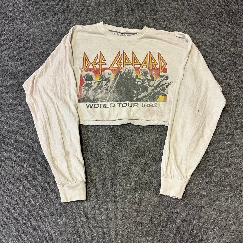 Def Leppard Crop Top Womens Size M/L Cream World Tour 1992 Long Sleeve Band Tee